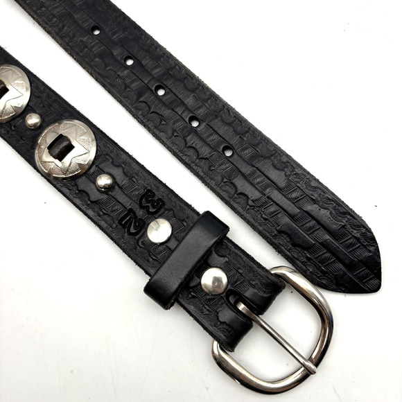 Vintage 80s Handmade Black Tooled Genuine Leather Studded Concho Belt 30-34" - Picture 12 of 16
